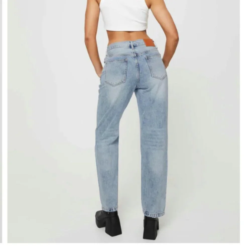 Princess Polly Mid Rise  Holly Asymmetric Straight Leg Jean Light Wash Denim - Picture 2 of 5